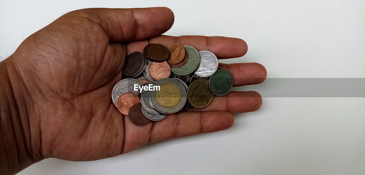 HIGH ANGLE VIEW OF HUMAN HAND HOLDING COINS