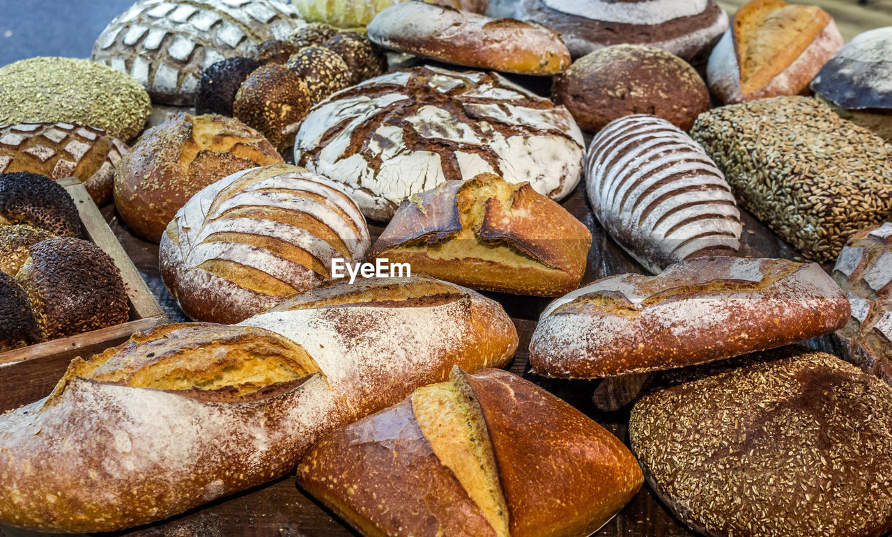 Close-up of baked breads in bakery