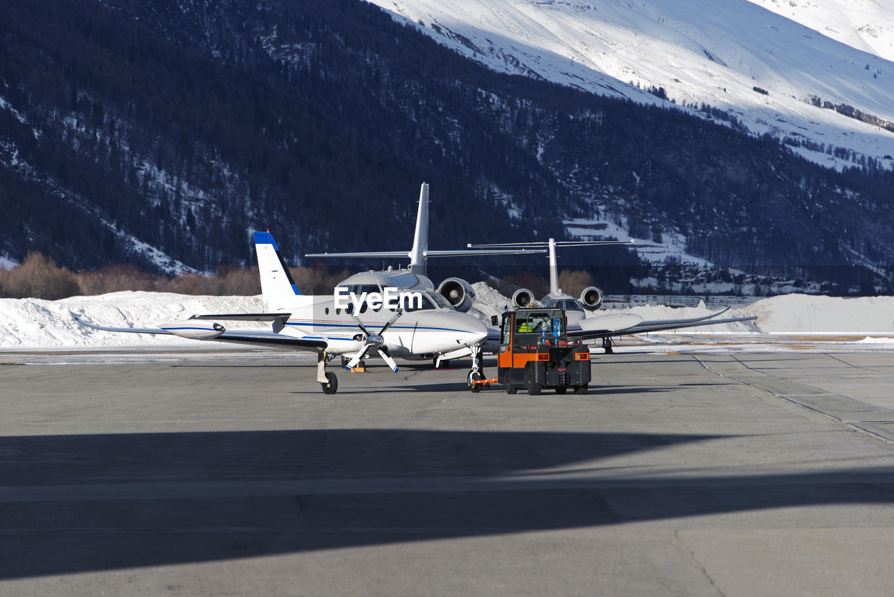 Private jets and aircrafts at the airport of engadine st moritz
