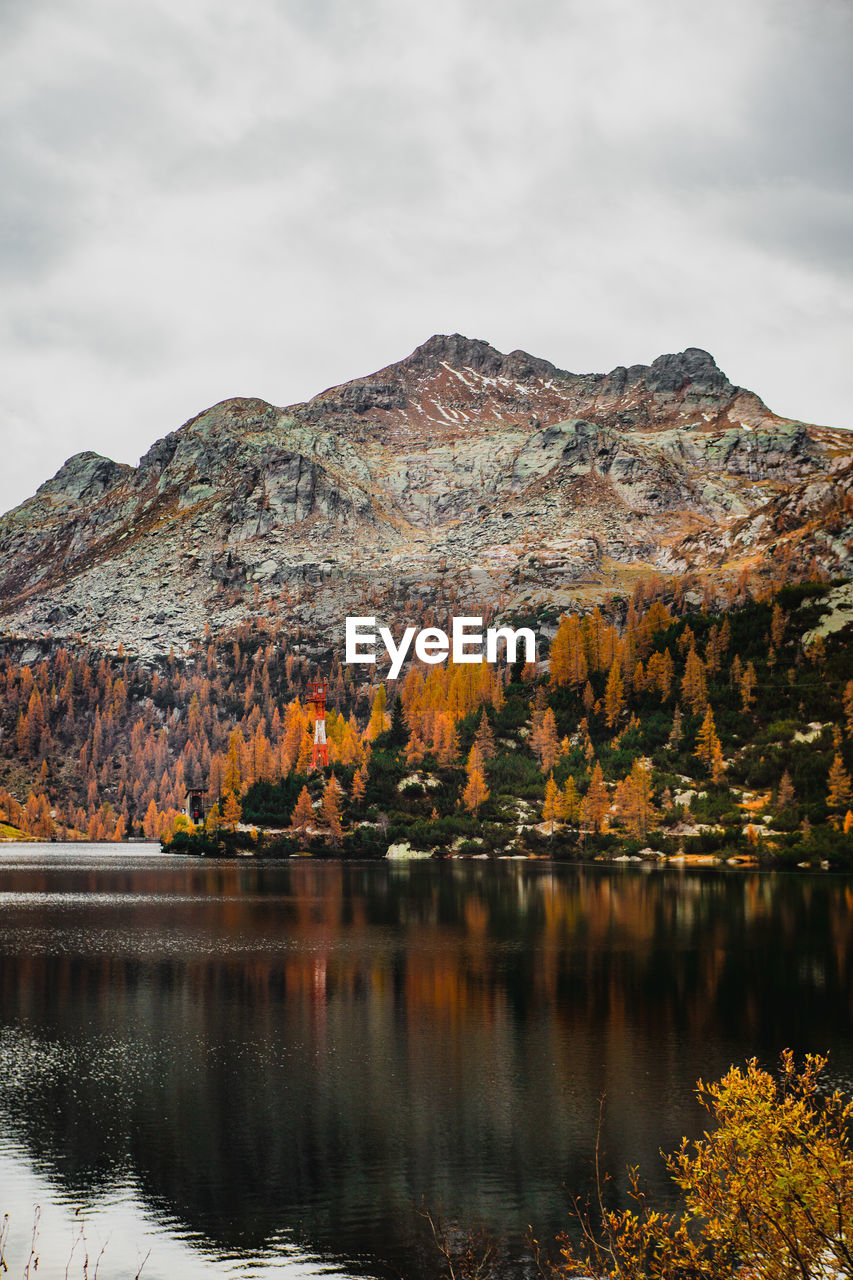Scenic view of lake by mountain against sky