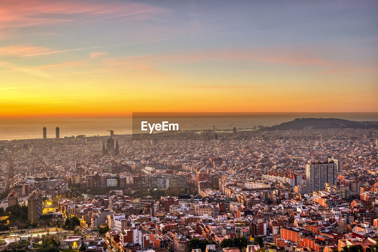 View of barcelona in spain just before sunrise