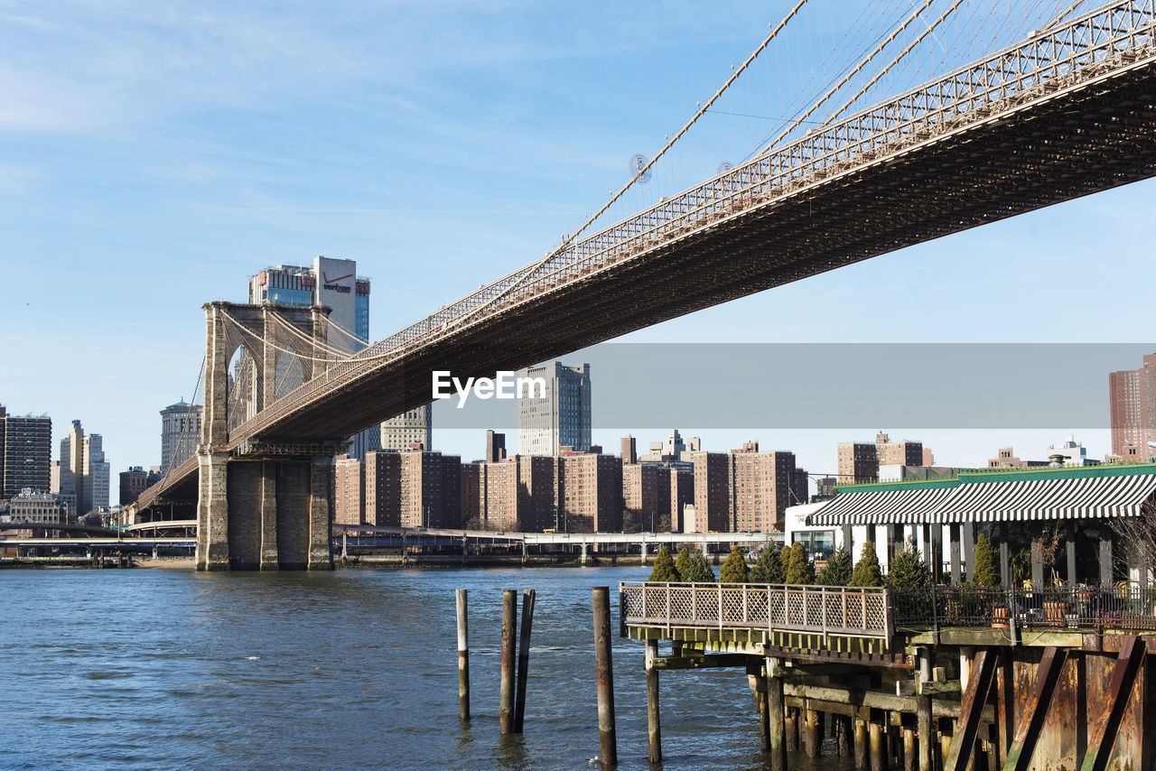 View of suspension bridge in city