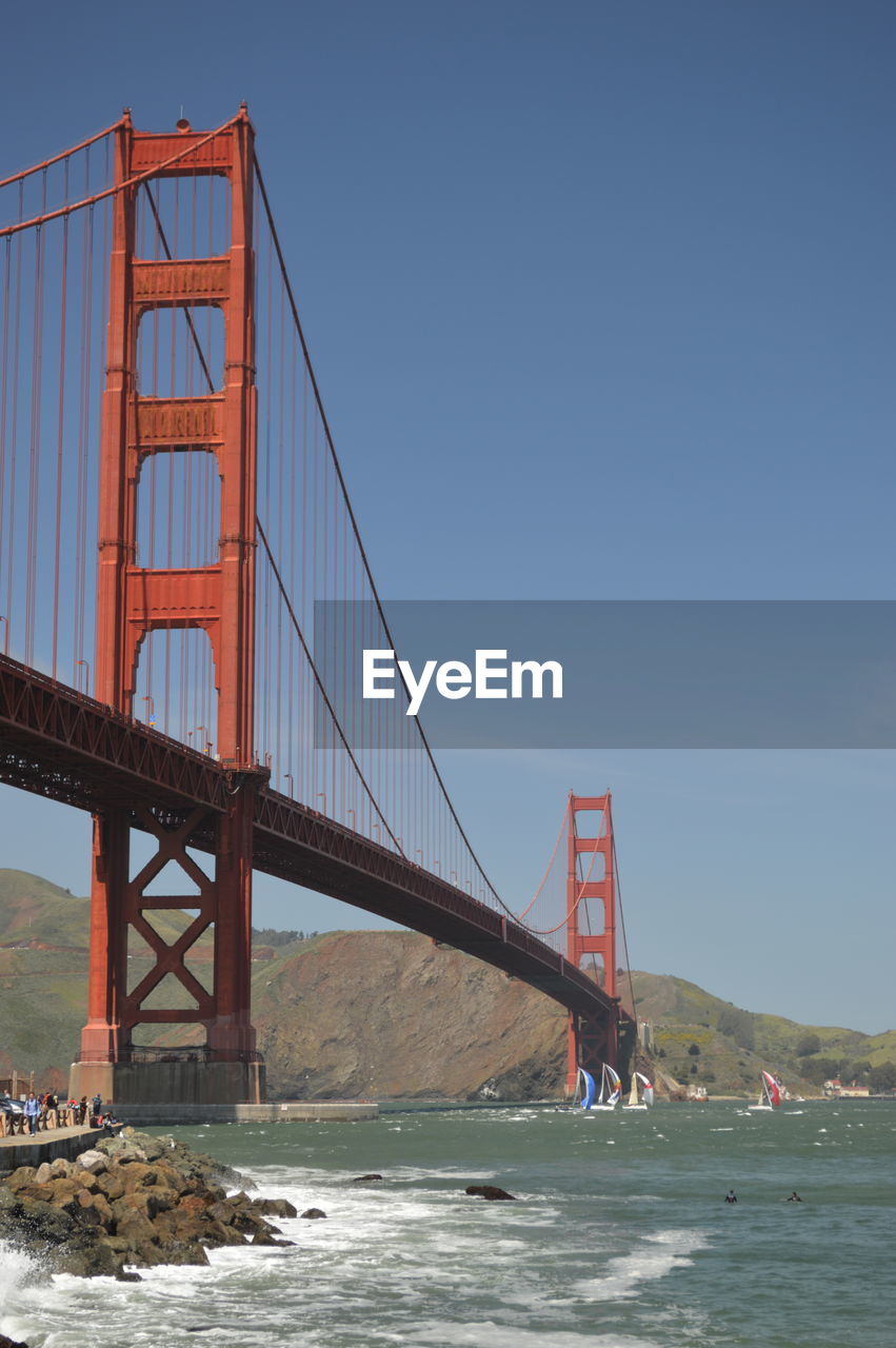 Golden gate bridge over bay against clear sky