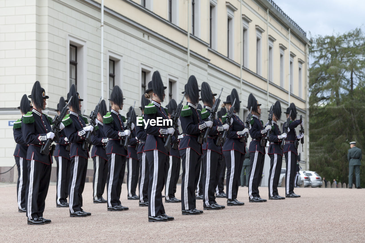 Oslo, norway - june 26 2019 - hans majestet kongens garde serving as the royal guards at the palace.