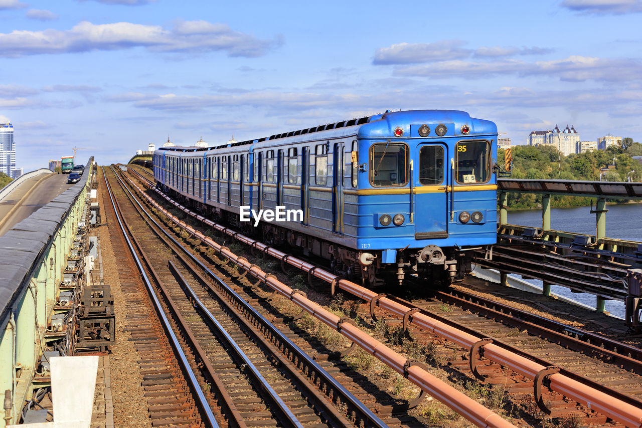 Railway track of the metro bridge in kyiv on which the metro train rushes.