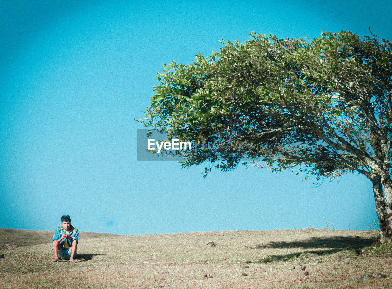 Full length of boy on tree against clear blue sky