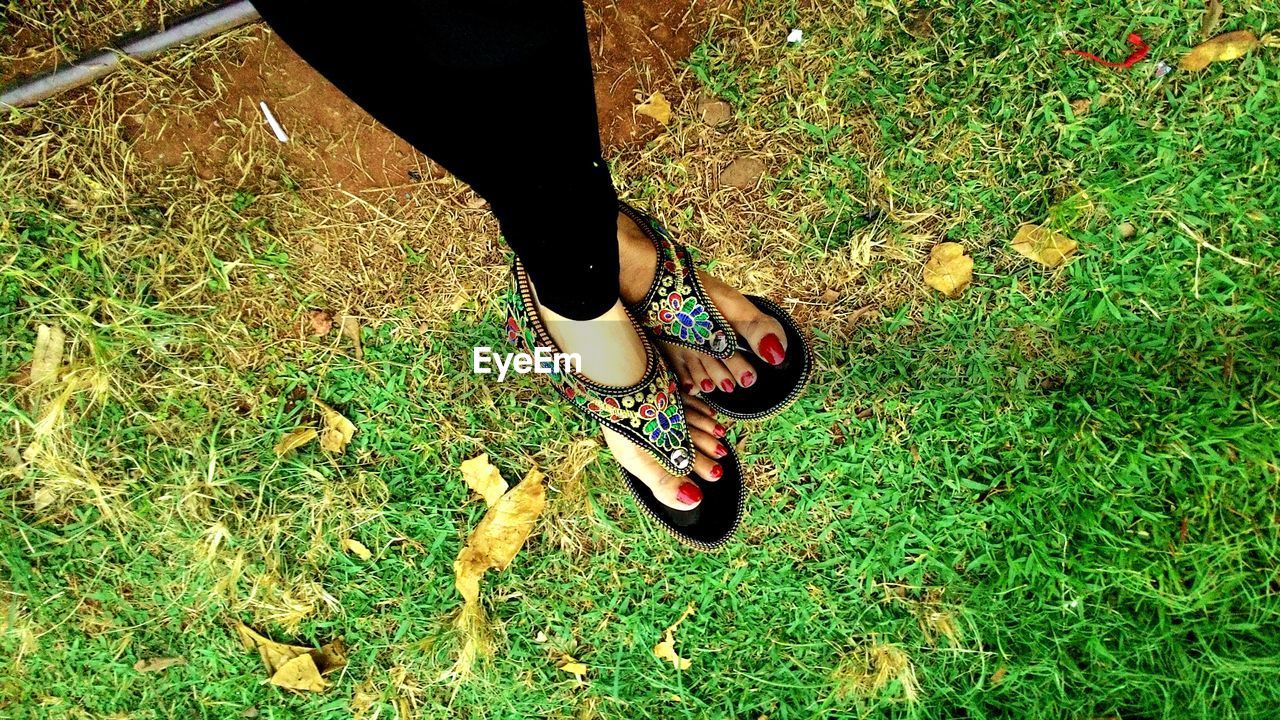 LOW SECTION OF WOMAN STANDING ON GRASSY FIELD