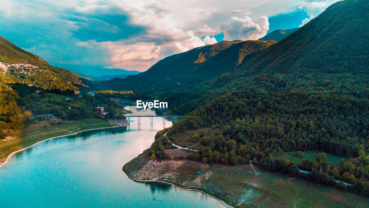 Scenic view of hills against sky.  lago del turano, lazio, italy. shot by dji mini 2