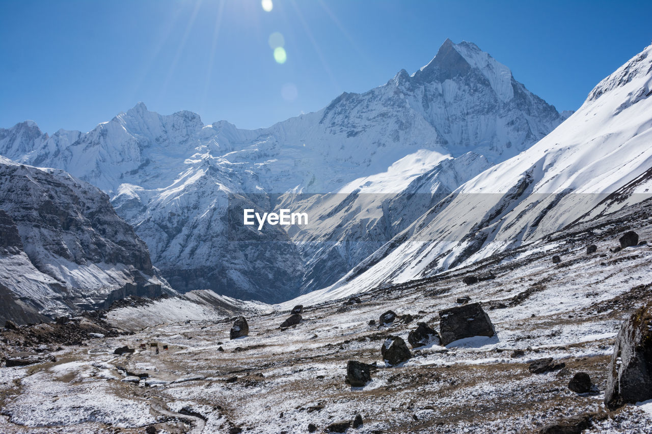 Scenic view of snowcapped mountains against sky