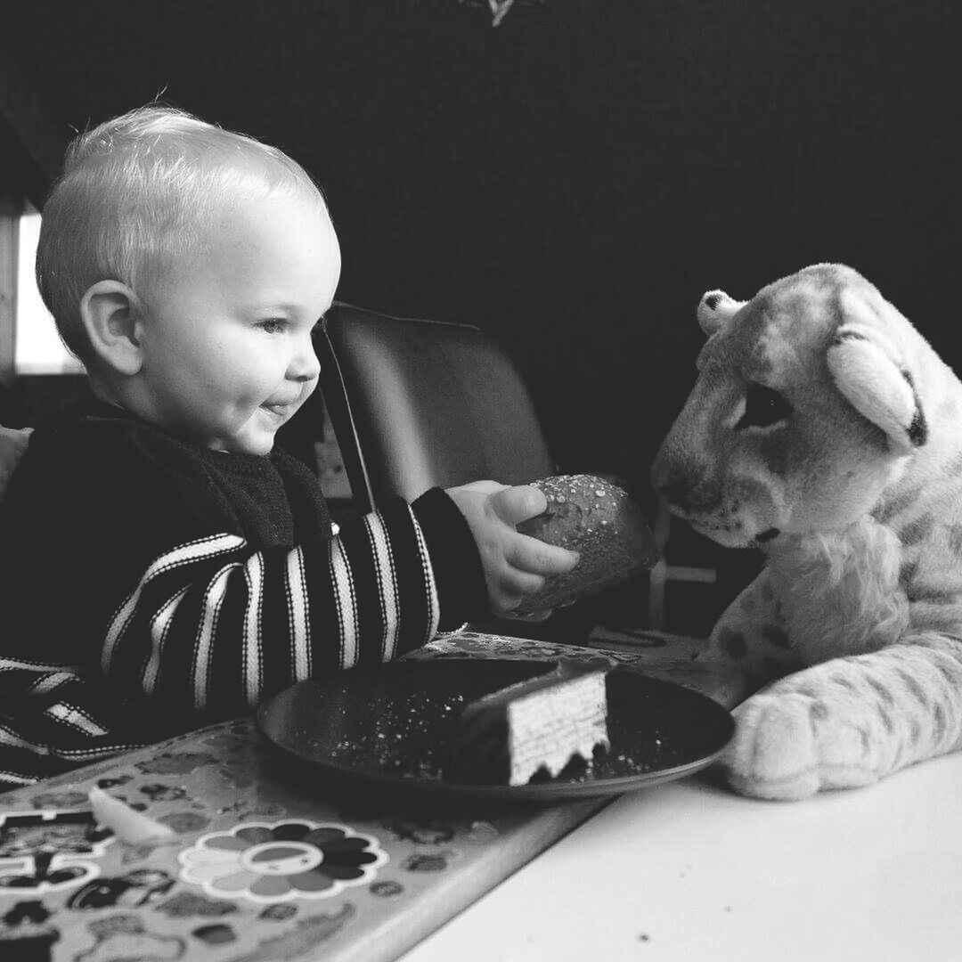 Baby boy feeding bun to toy lion cub on dining table at home