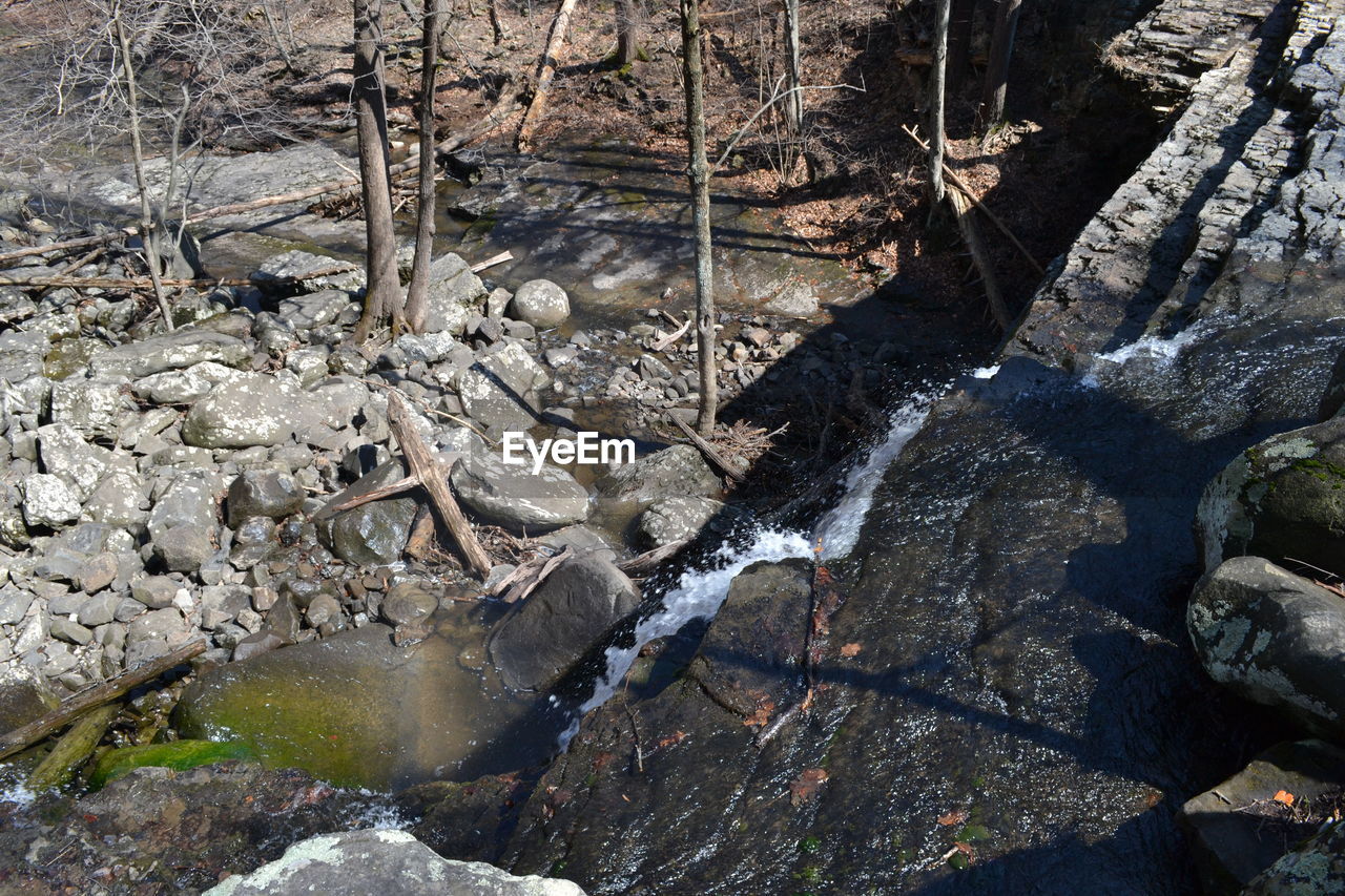 HIGH ANGLE VIEW OF RIVER FLOWING THROUGH ROCKS