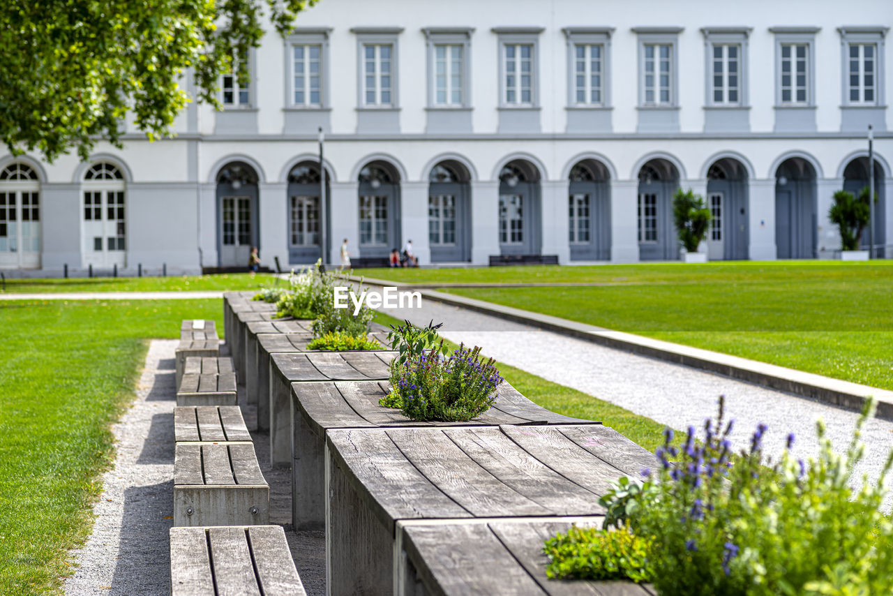 Benches and tables with flowers arranged in a row in the park, in the background a large building.