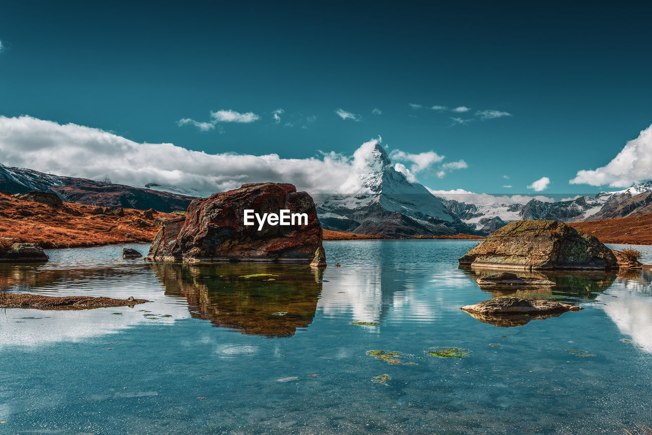 Matterhorn reflection in the lake stellisee, switzerland.