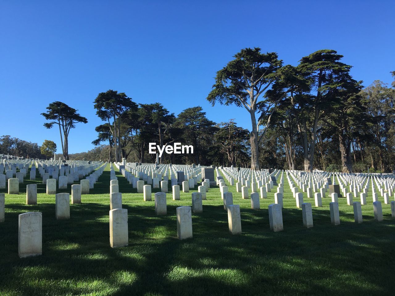 Tombstones in cemetery against blue sky