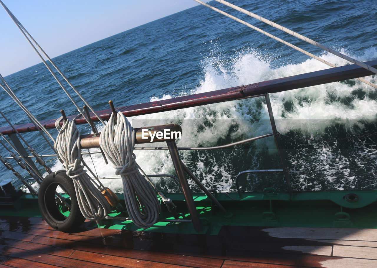 Close-up of boat in sea against clear sky