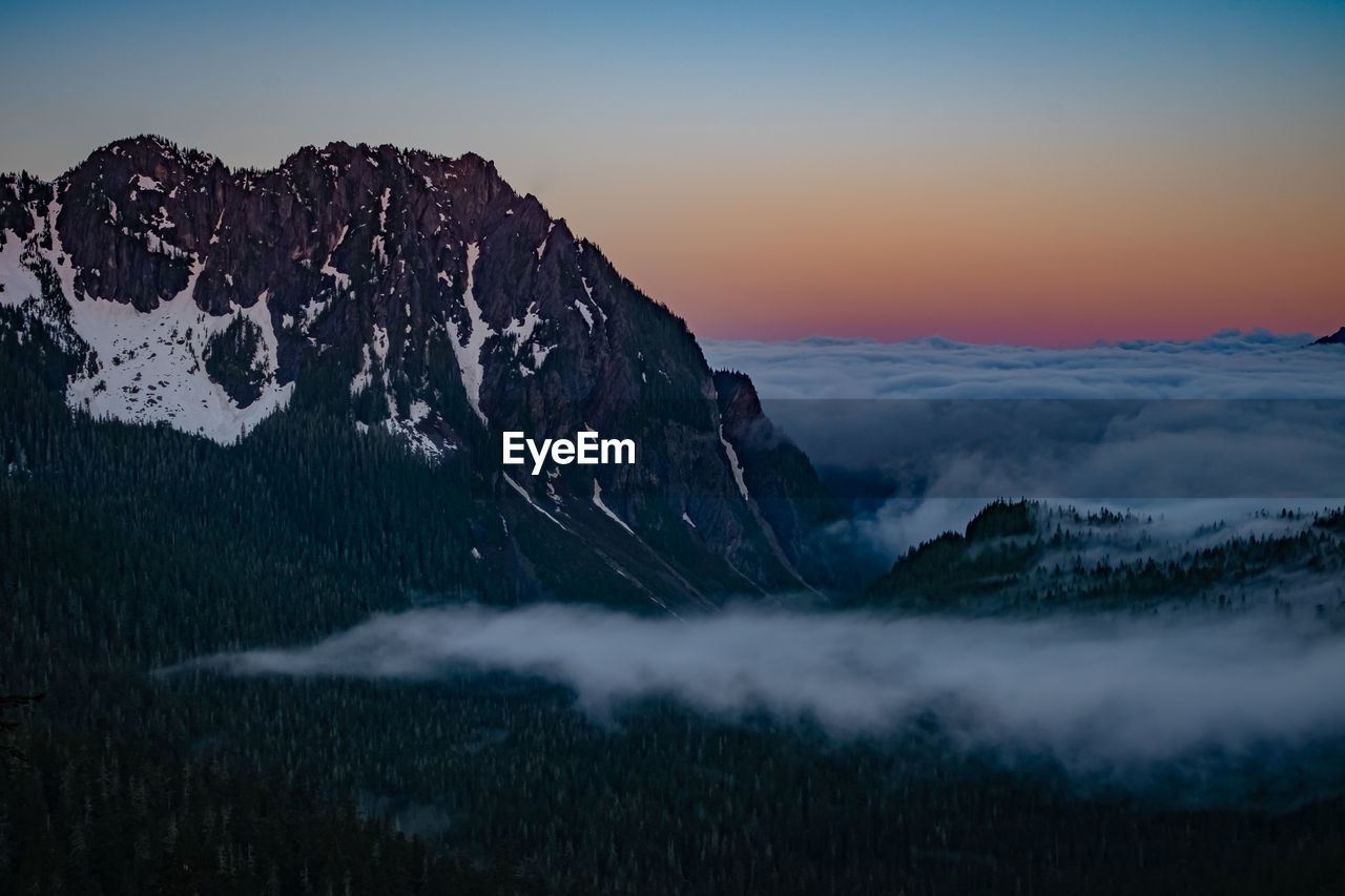 Scenic view of snowcapped mountains against sky during sunset