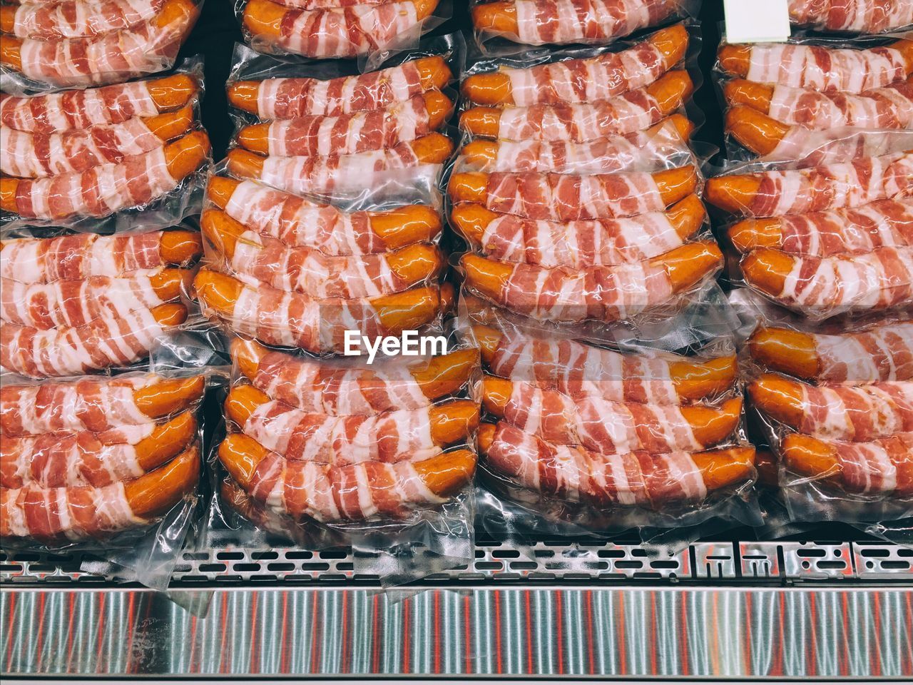 High angle view of sausages displayed at market