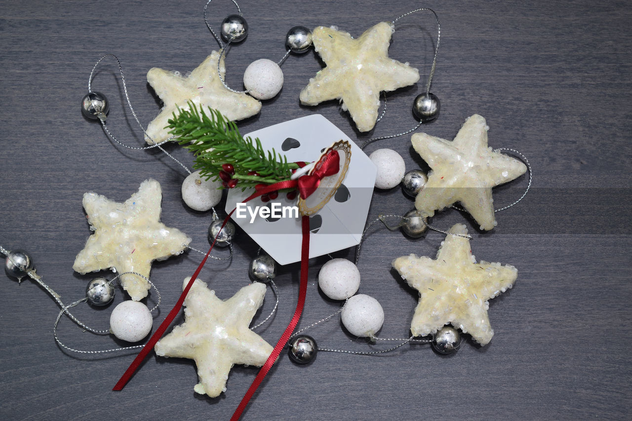 High angle view of christmas decorations on table