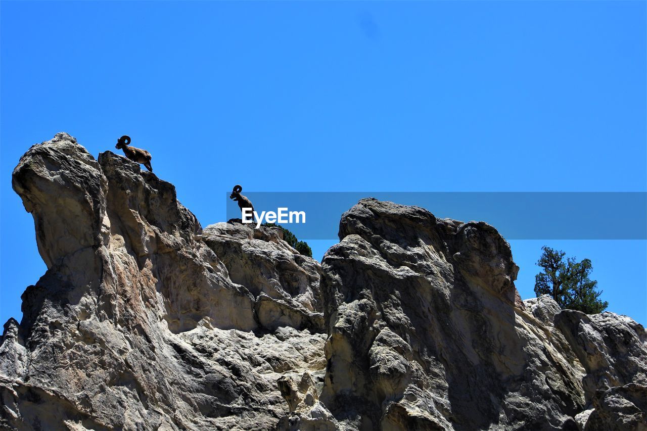 LOW ANGLE VIEW OF ROCKS ON ROCK AGAINST BLUE SKY