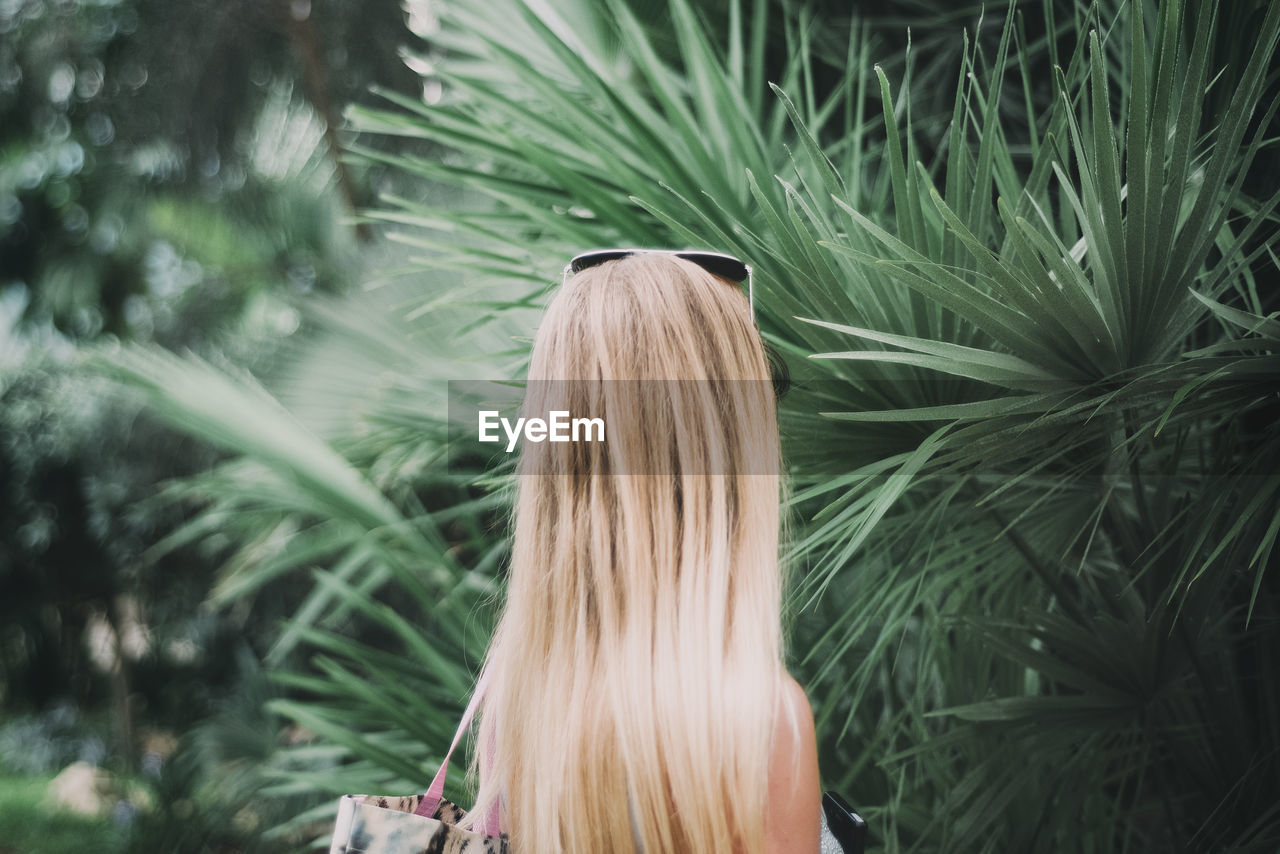 Rear view of woman against plants