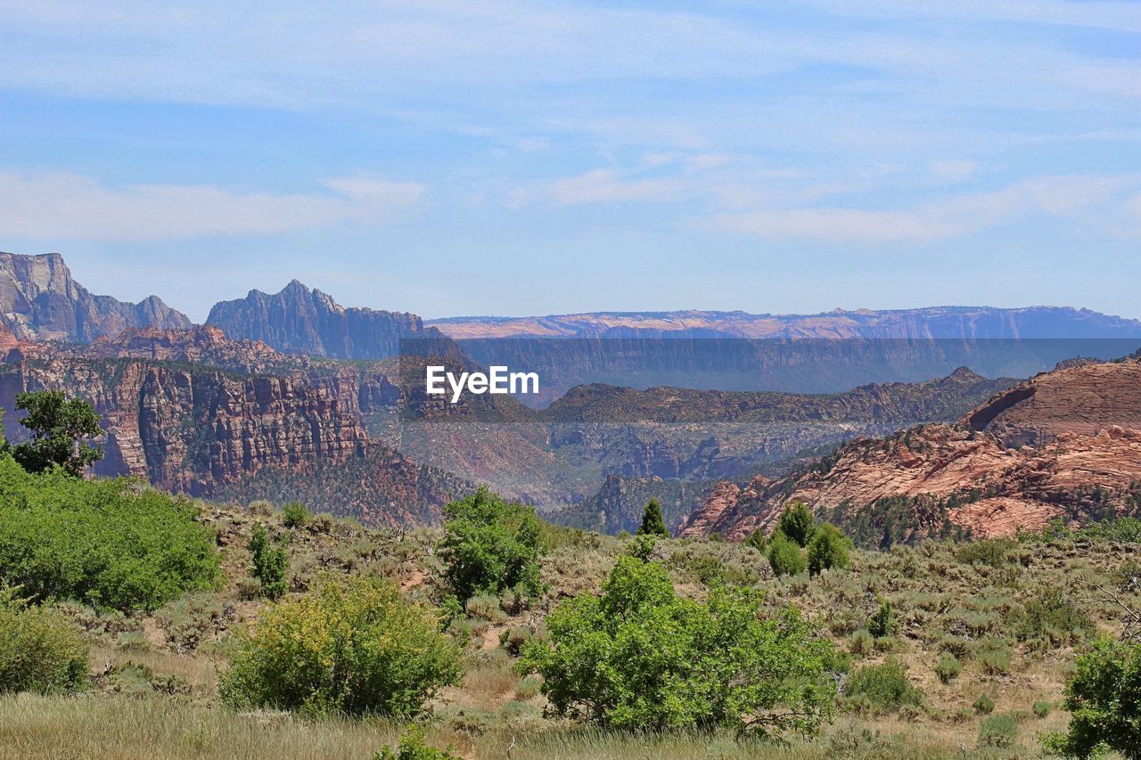 Panoramic view of landscape and mountains against sky