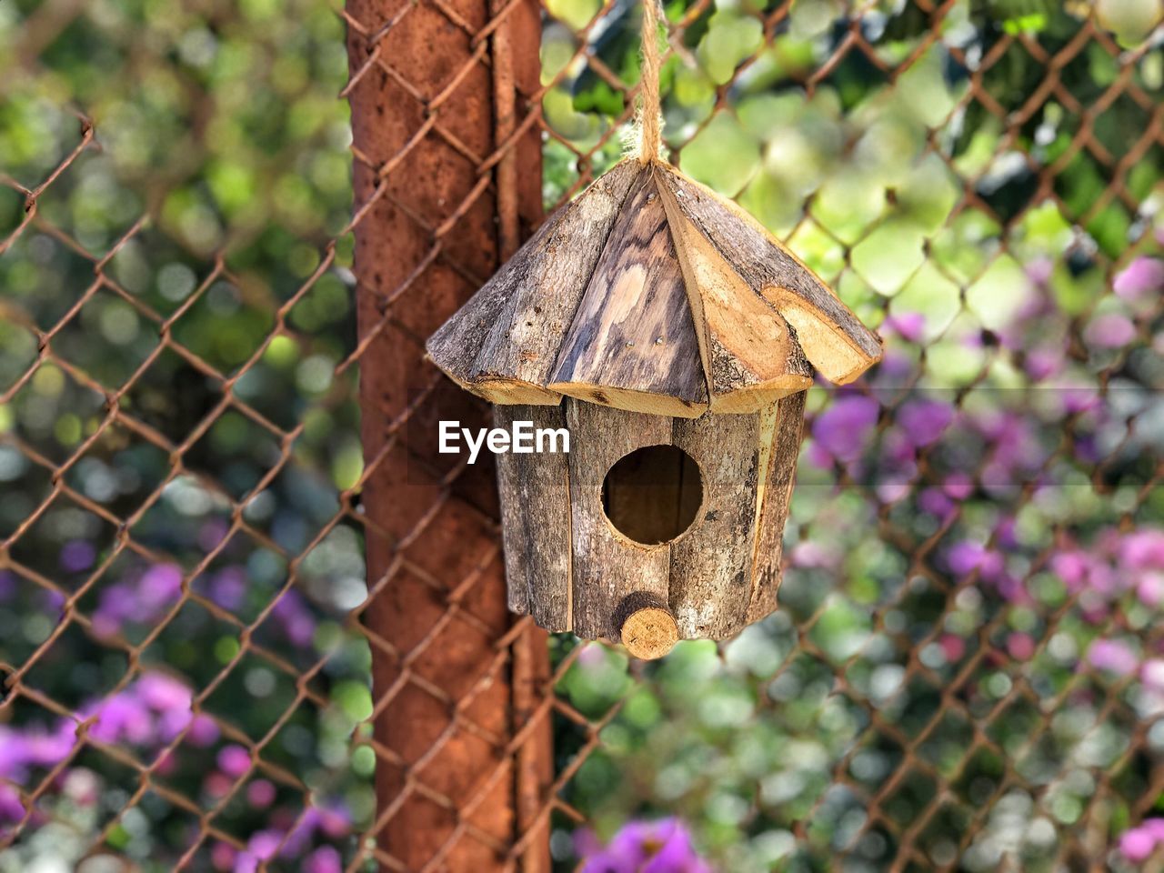 Close-up of birdhouse on rusty fence