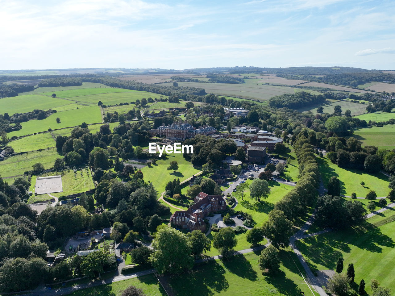 high angle view of trees on field against sky