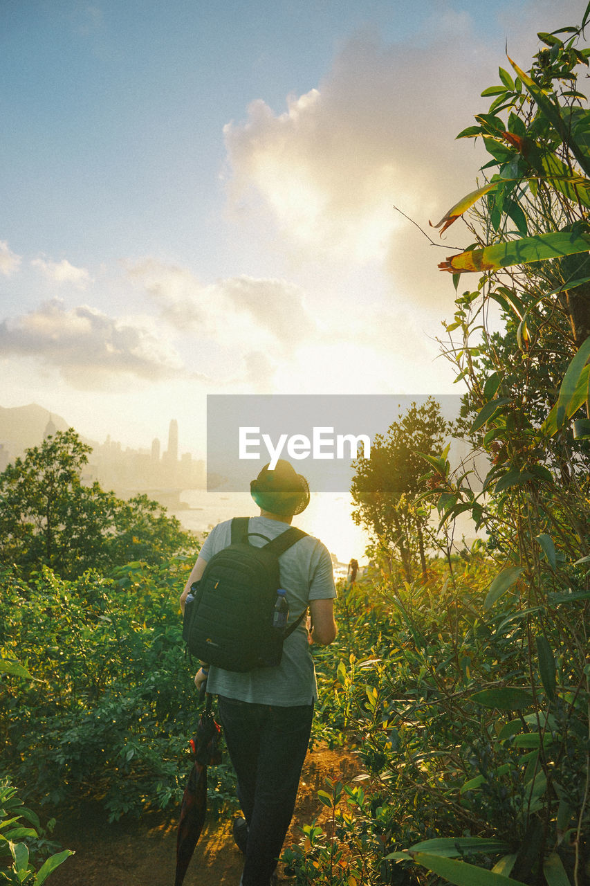 REAR VIEW OF MAN LOOKING AT PLANTS AGAINST SKY