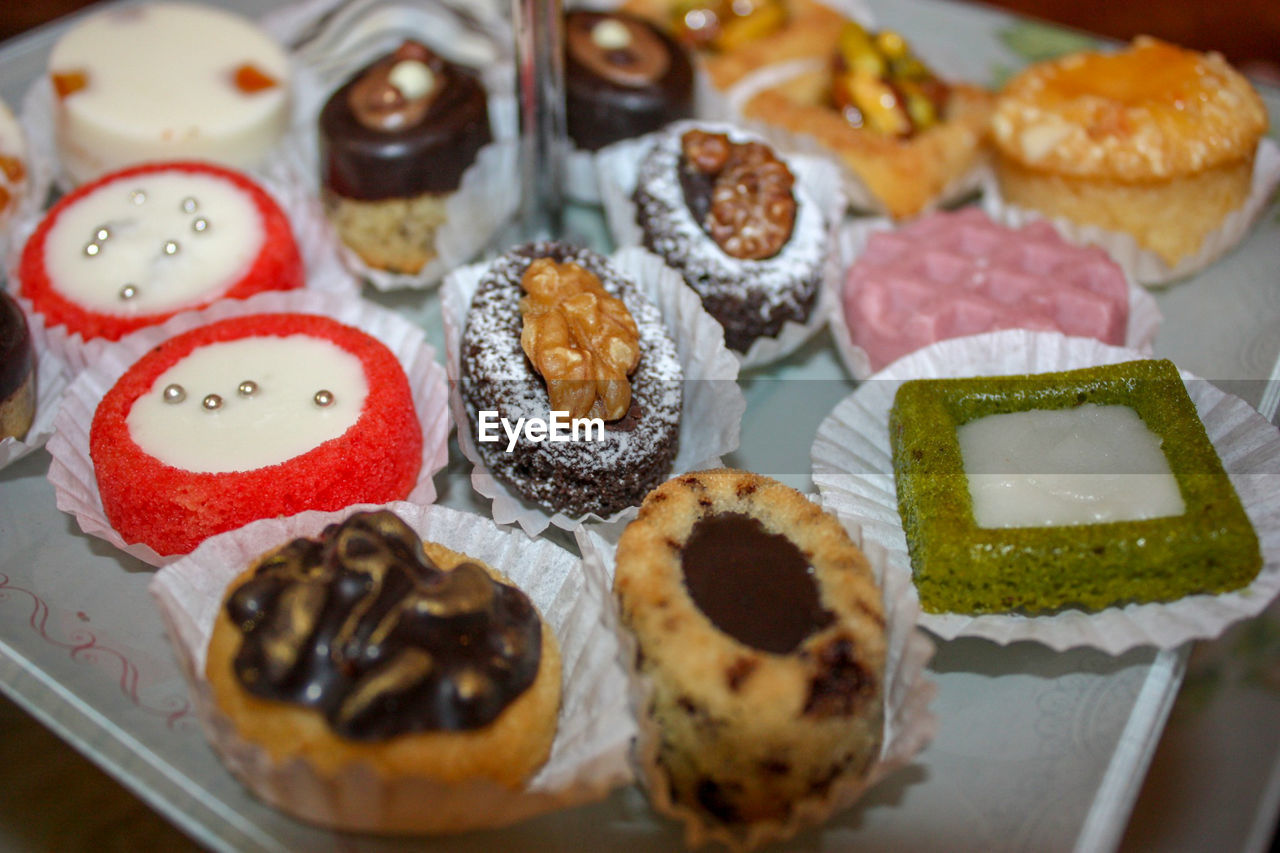 High angle view of dessert in tray