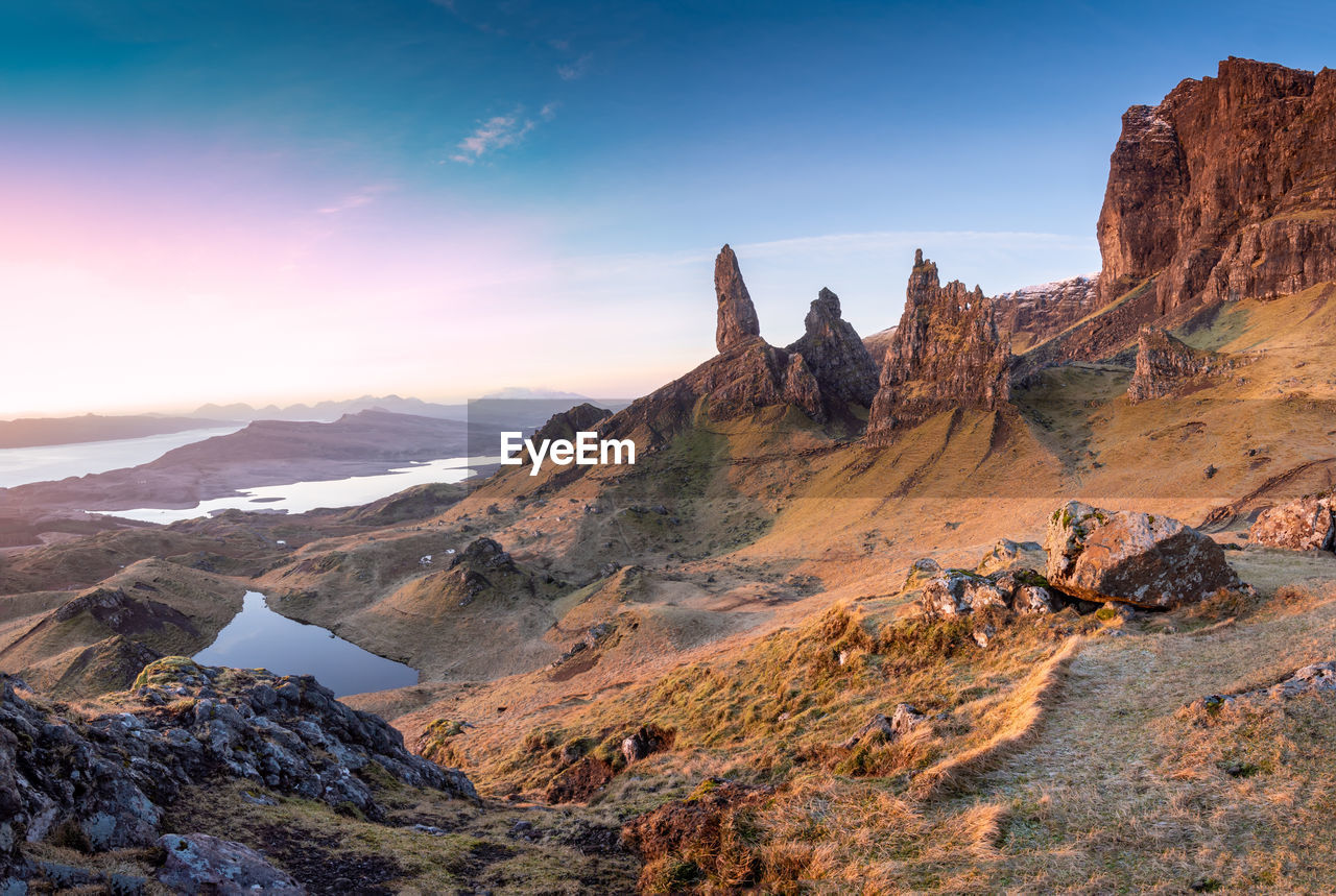 Panorama of old man of storr. rocks mountains and breathtaking views of scottish highlands