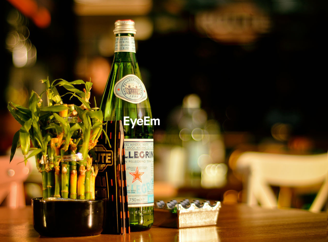 Close-up of bottle by houseplant on table at restaurant