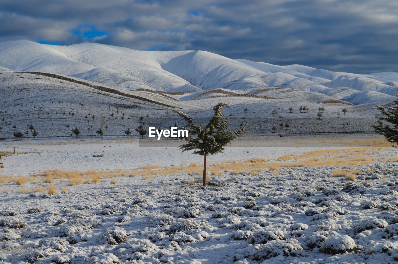 Scenic view of snow covered land against sky