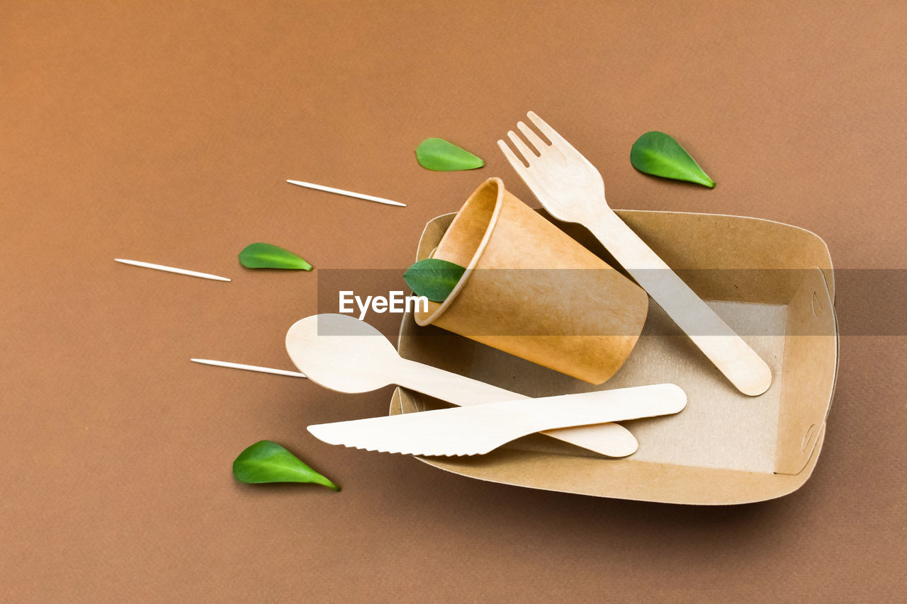 Waste-free, environmentally friendly, disposable, cardboard, paper utensils. copy space.