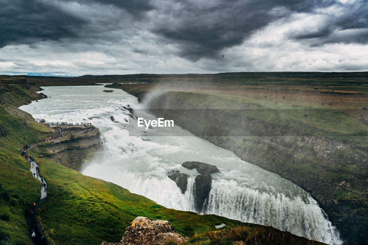 High angle view of river and waterfall