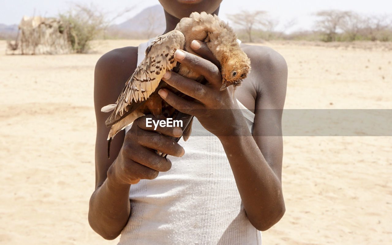 Midsection of boy holding dead bird at desert during sunny day