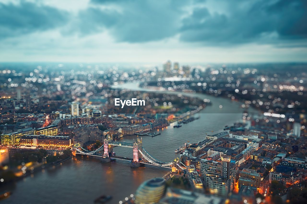 High angle view of illuminated london cityscape