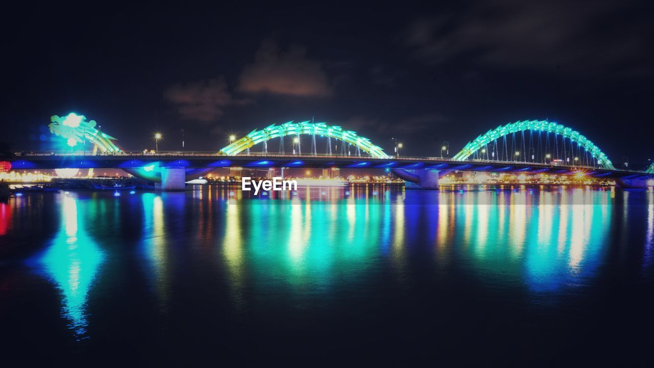 ILLUMINATED BRIDGE OVER RIVER AGAINST SKY