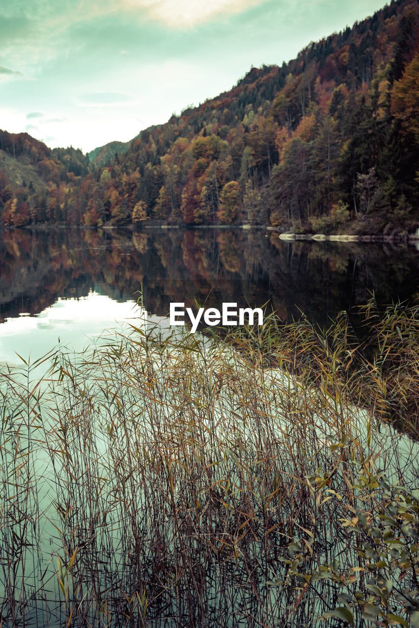 Scenic view of lake by mountains against sky