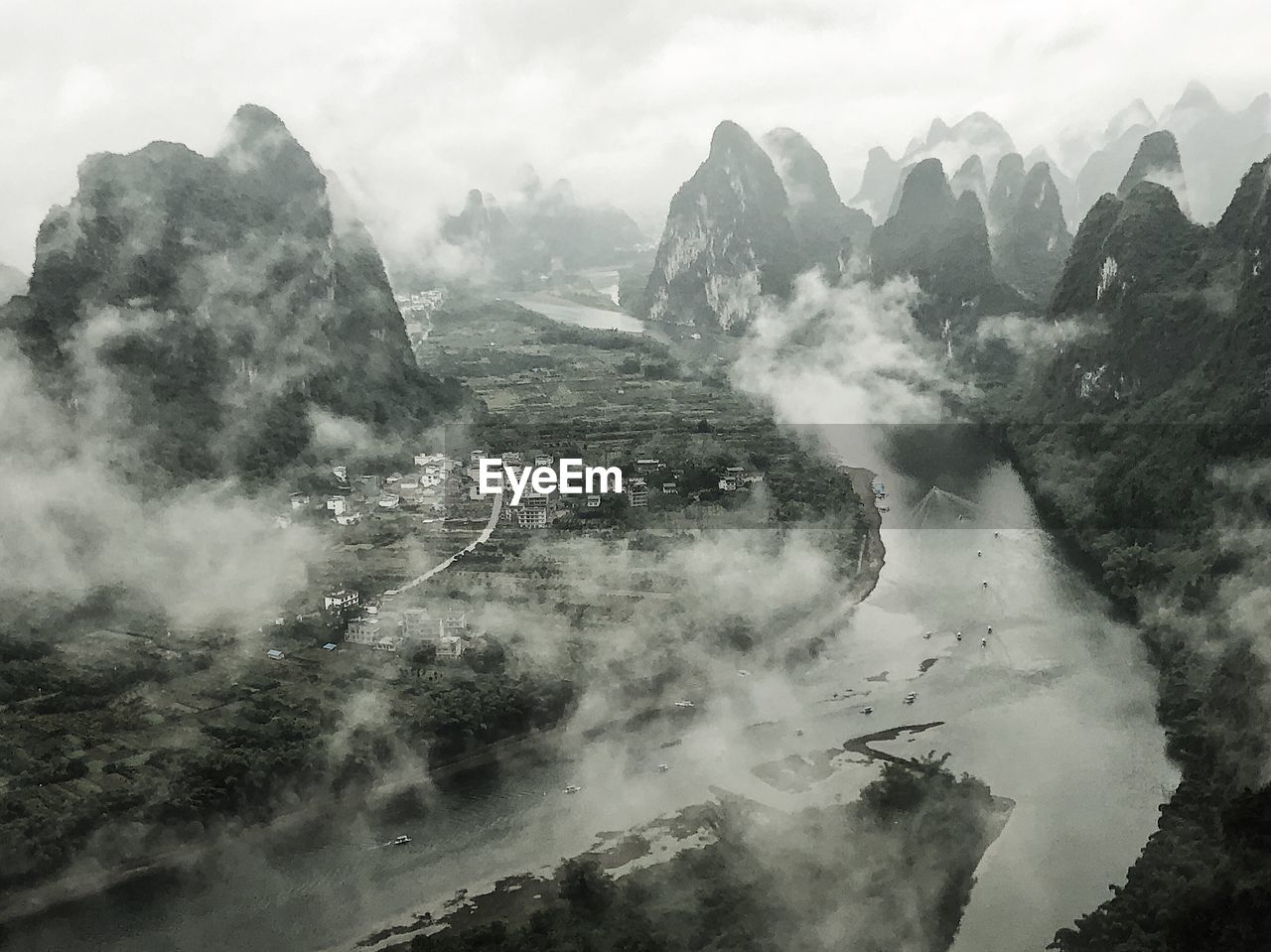 High angle view of mountain range against sky