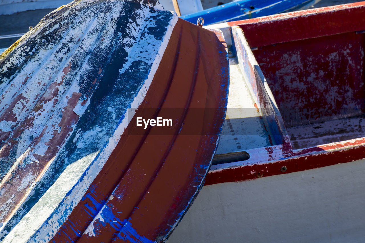 High angle view of wooden boat on shore