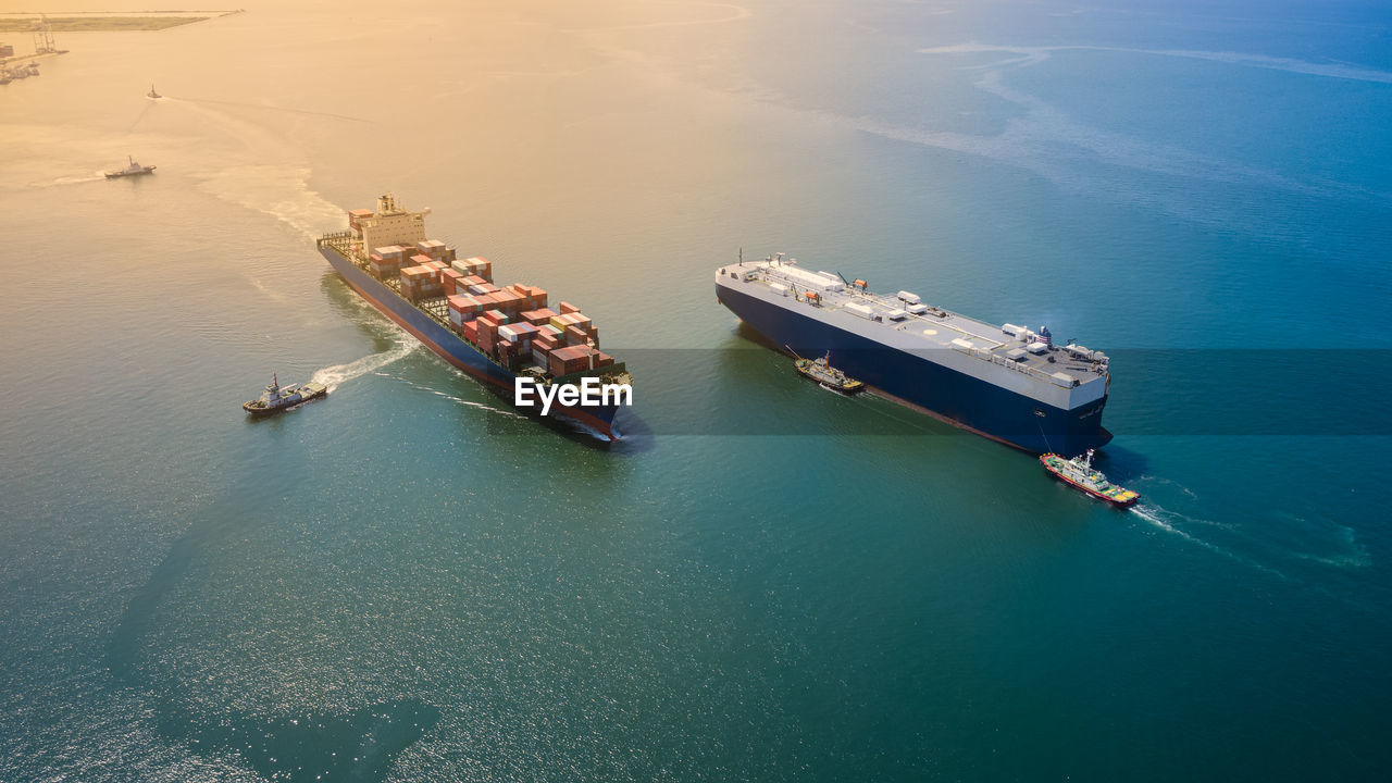 Aerial view of ships sailing in sea