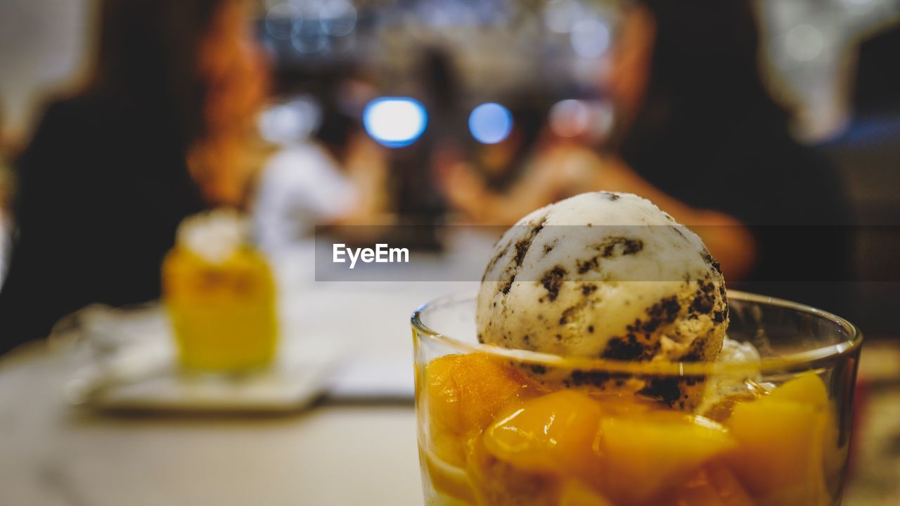 Close-up of ice cream in bowl on table