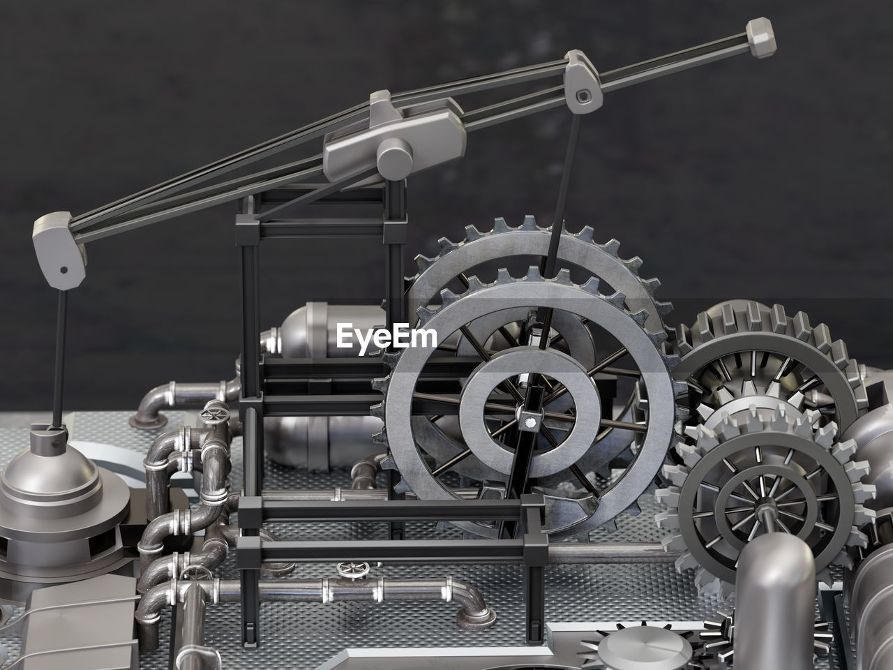 3d rendering of closeup of pumping station machinery on black background