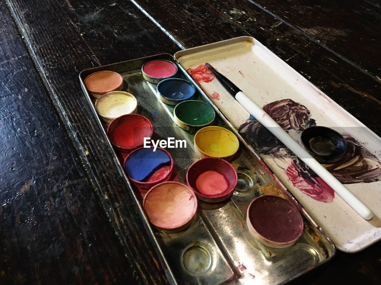 High angle view of watercolor paints on table