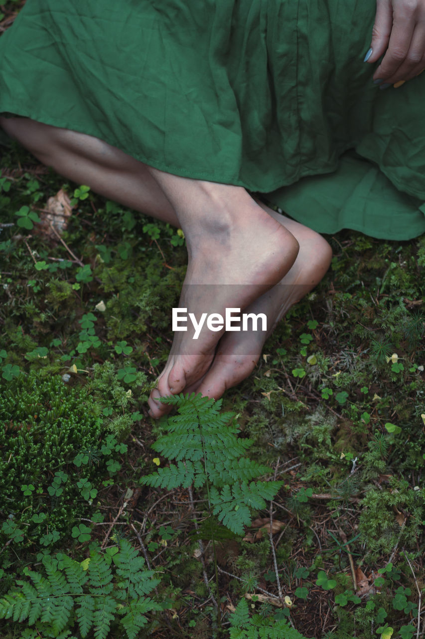 Close up feet on green forest ground concept photo