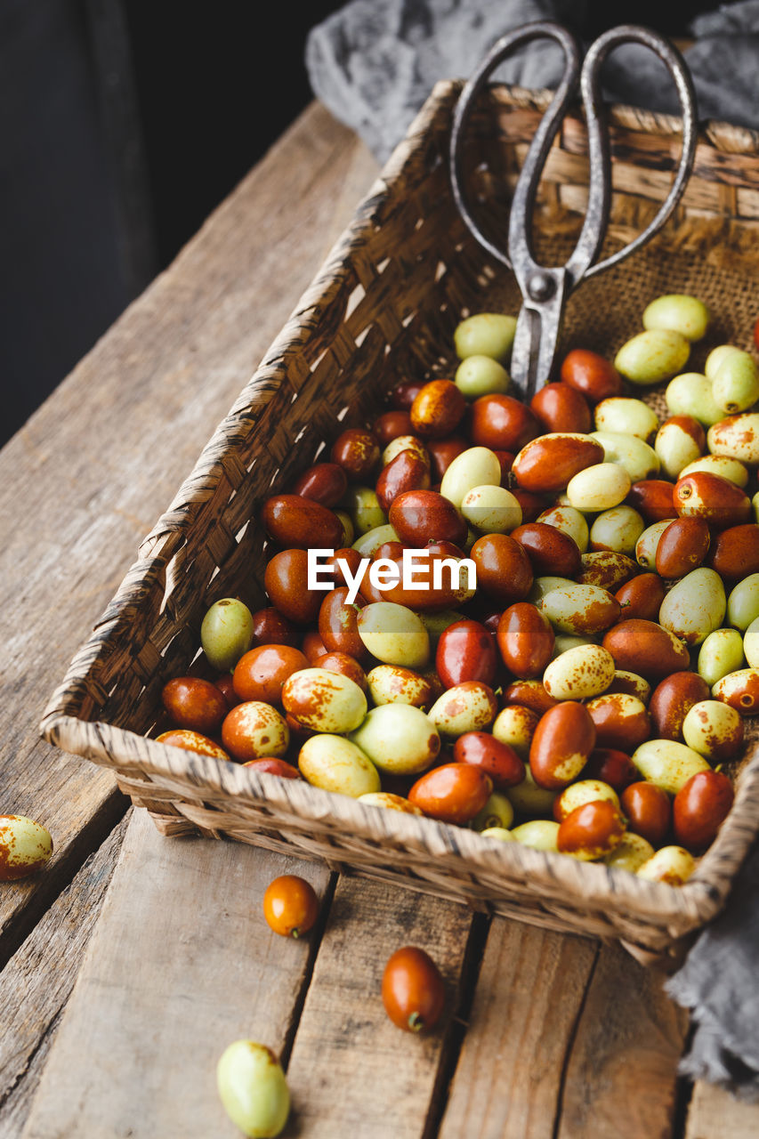 Close-up of fruits in basket on cutting board