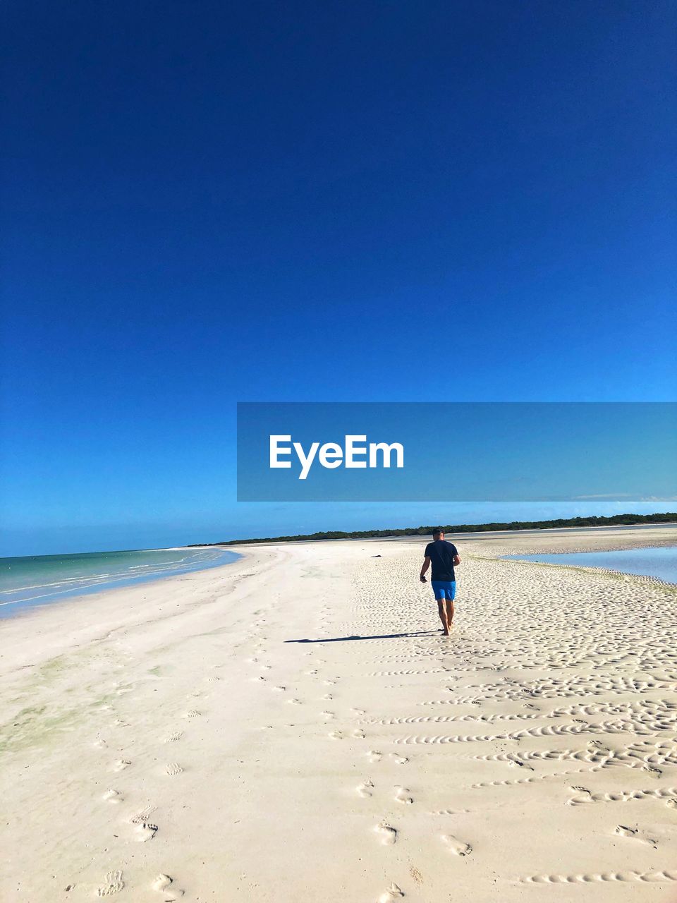 Rear view of man walking at beach against sky