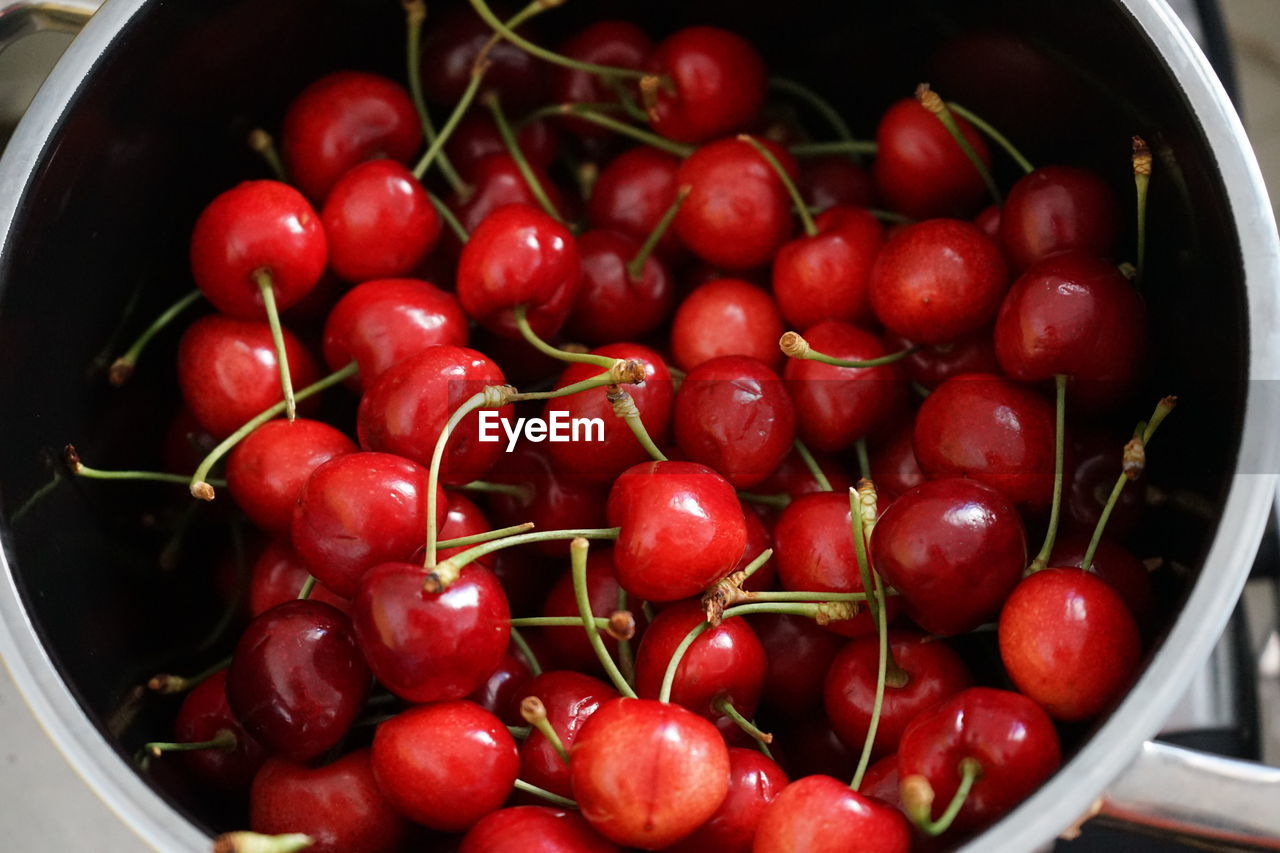 High angle view of cherries in bowl