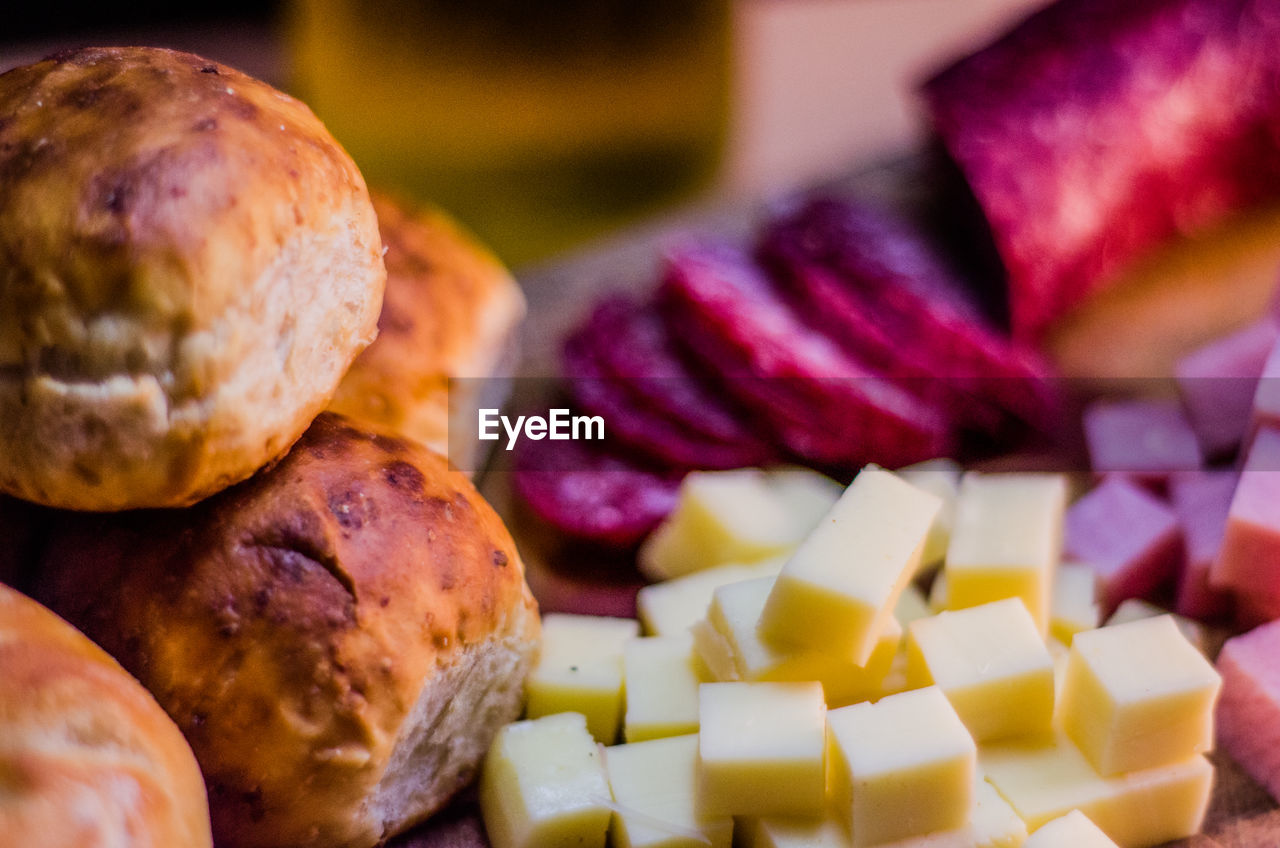 Close-up of food on cutting board at table