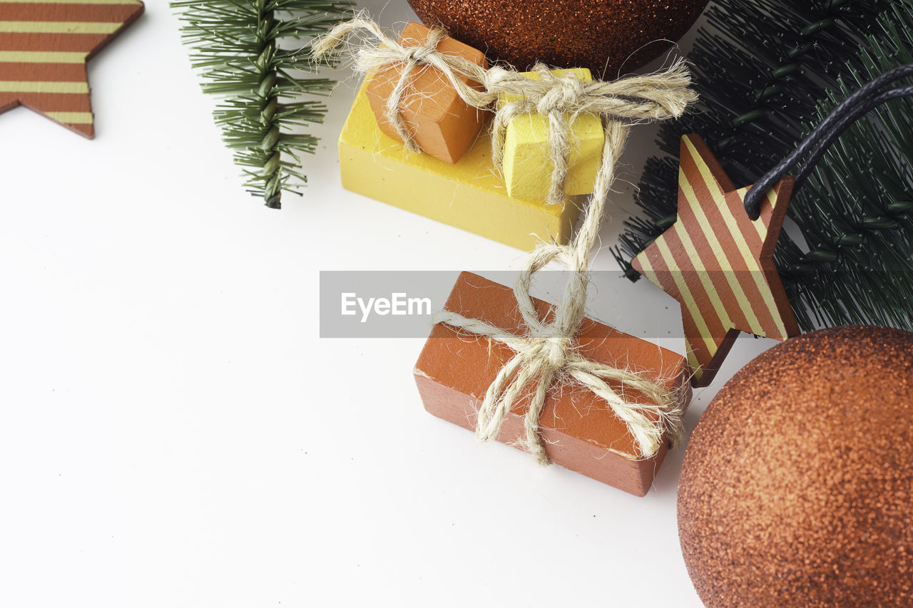 High angle view of christmas decoration against white background